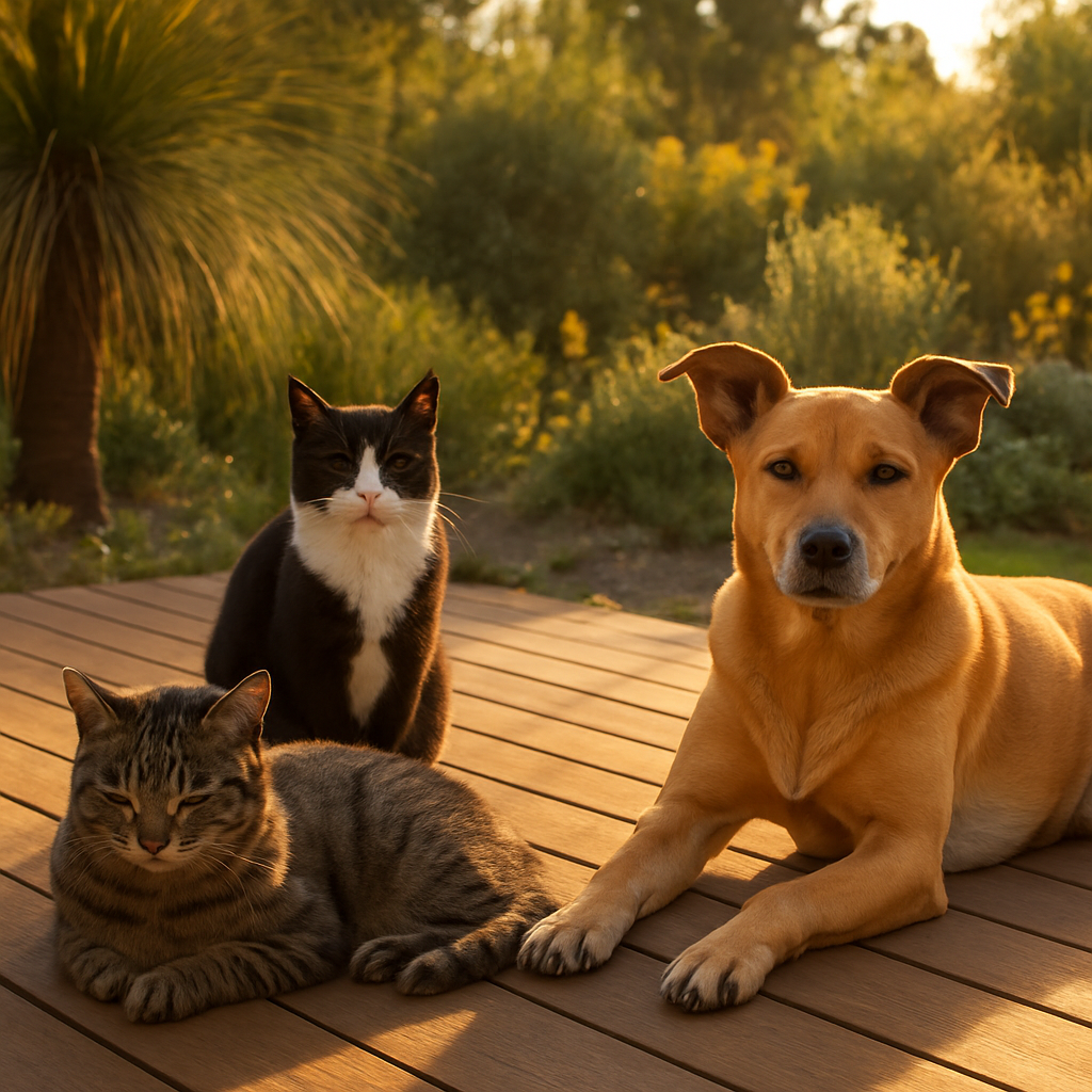 Happy cats and dog relaxing on a sunny Australian deck — ZenChiAnimalCare