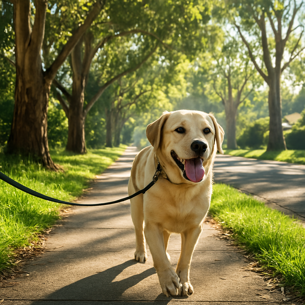 Happy dog on a leafy Australian suburban walk — ZenChiAnimalCare dog walking